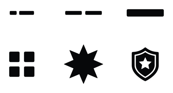 Minimalist Black Icons Set: Morse Code, Grid, Starburst, Shield, Security, Communication, Data