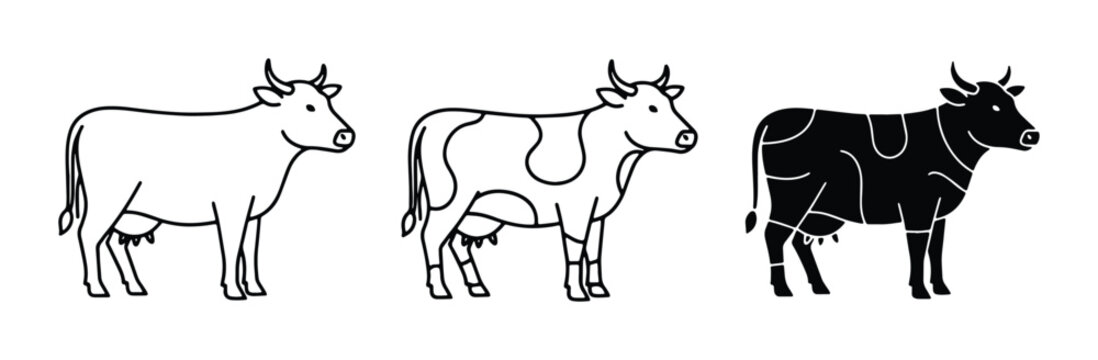 Three stylized cow illustrations: outline, spotted, and solid black, vector art for farm and dairy themes.