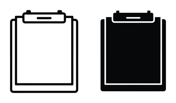 Clipboard Icon Set, Simple Outline and Solid Black Vector Graphics for Documentation and Data Entry, Office Supplies