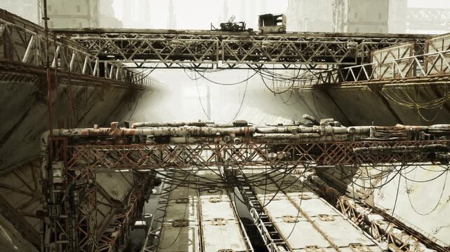 Deep industrial drydock scaffolding rails, heavy girders and rail tracks under overcast sky, slow dust motes, abandoned construction atmosphere