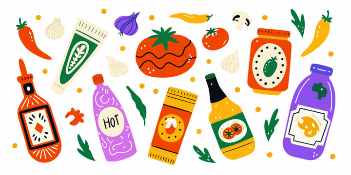 colorful condiment illustration kit with peppers tomatoes and sauce bottles