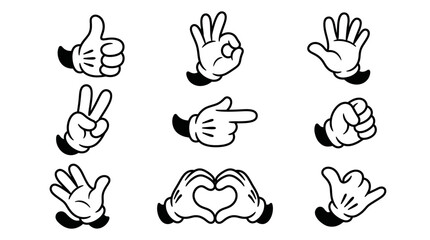Fototapeta premium Set of Black and White Cartoon Hands Displaying Common Gestures, Including a Heart Shape, on an Isolated White Background.
