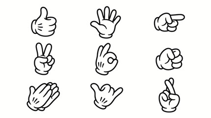 Fototapeta premium Set of Black and White Cartoon Hands Displaying Common Gestures on an Isolated White Background.