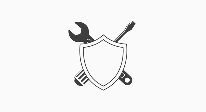 Outline style repair and maintenance shield icon with wrench and screwdriver, symbolizing technical service and protection, isolated white background.