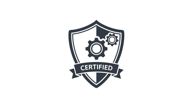 Certified service shield icon with gear and ribbon, symbolizing quality assurance and technical protection, isolated white background.