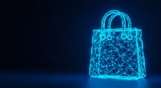 A futuristic glowing blue shopping bag icon with connected lines and dots on a dark background, symbolizing e-commerce and digital retail.