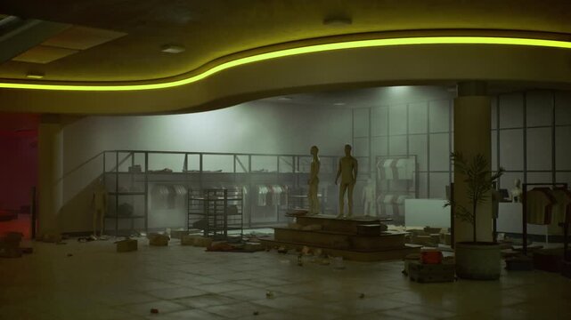 Empty mannequins cast long shadows beneath spotlight. Dramatic scene featuring vacant mannequins under spotlight casting ominous shadows on tiled floor