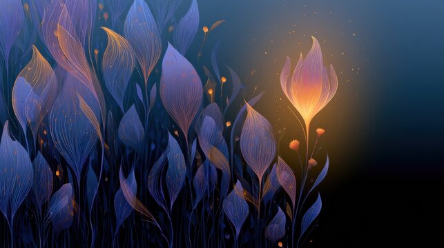 Abstract art portrays botanical forms as symbols of polycystic ovaries with a bright bloom representing hope and medical care on a dark background.