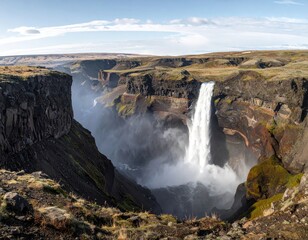 Fototapeta premium Majestic waterfall plunges into mist-filled canyon under a vast sky