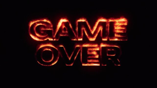 game over word text burning with fire effect hot flame inferno blazing heat design motion graphics black background, overlay, 4k animation.