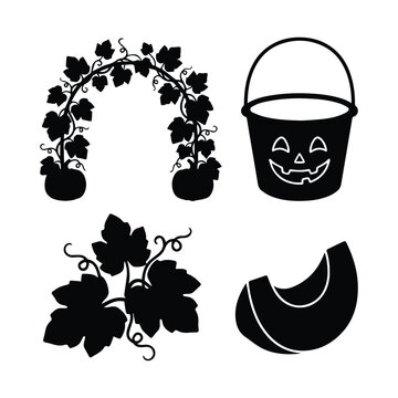 Set of black silhouettes of pumpkin plant arch, bucket, and leaf