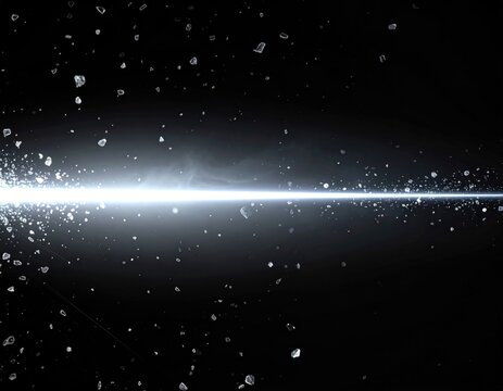 Exploding light beam pierces darkness, scattering glittering shards of debris