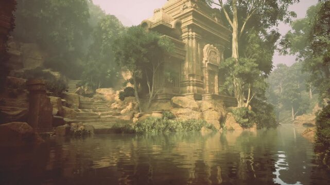 Serene riverside approach reveals classical temple columns and calm waters, soft haze and lush trees lining banks, evocative scene for boatman, pilgrim,