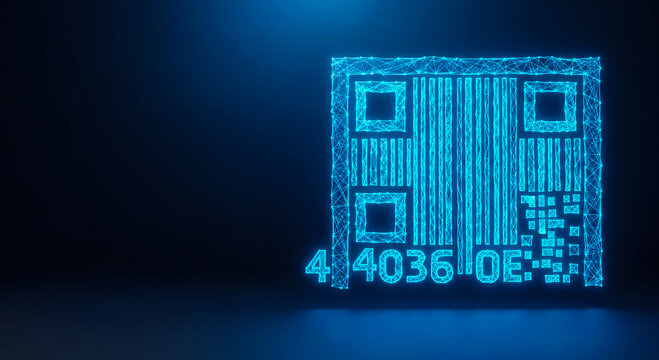 A modern, glowing blue barcode with numerical and alphanumeric characters displayed on a dark background.