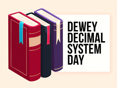 Colorful books with bookmarks and dewey decimal system day text illustration for library organization awareness