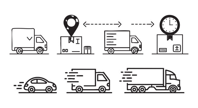Collection of logistics icons showing shipping process tracking and different types of freight cars.