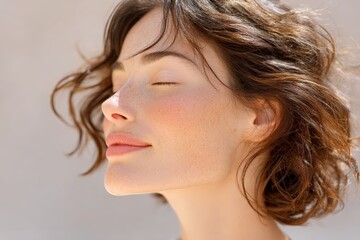 Fototapeta premium Side profile of woman enjoying sunlight with natural skin glow and soft rosy cheeks for beauty banner and skincare background