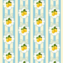 Lemons in bows on a striped background.Vector seamless pattern with lemons and bows on a striped background. © Инна Федорова