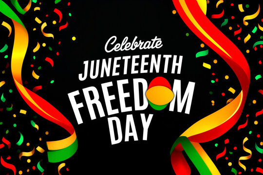 Colorful juneteenth freedom day celebration with vibrant ribbons and confetti in festive design