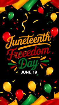 Colorful juneteenth freedom day celebration poster with balloons confetti and festive decorations for june nineteenth holiday event