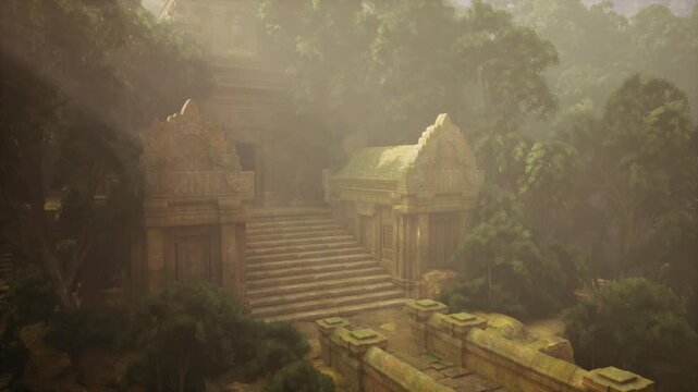 Ancient temple steps under golden haze, soft backlight reveals relief patterns, damp stone glows, distant birdsong and lingering mist create timeless solitude,