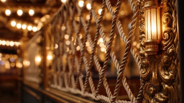 Ornate golden railing with decorative rope and illuminated lamps, showcasing intricate design details in a warmly lit indoor setting with blurred background lights