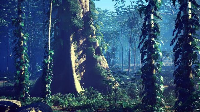 Deep forest argentina nocturnal blue glow bathing massive tree bases, dense ferns and climbing vines creating immersive cinematic scene, quiet energy suited