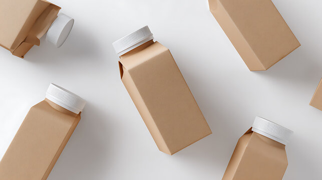 Minimalist Arrangement of Blank Kraft Paper Cartons with White Caps, Perfect for Product Mockups or Eco Packaging Concepts on Clean Background