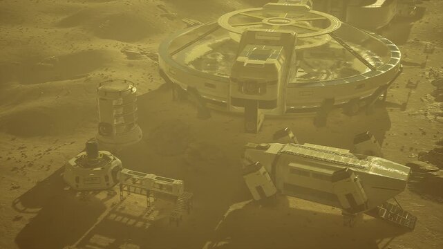 Mars abandoned colony under haloed haze, dilapidated modules scattered across dunes, silent vehicles halfburied, fading solar panels catching amber light,