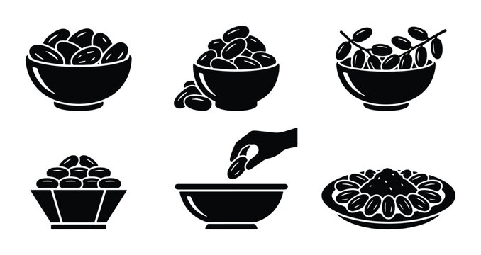 Set of 6 date fruit icons vector, dates in bowls and on plate, hand picking date
