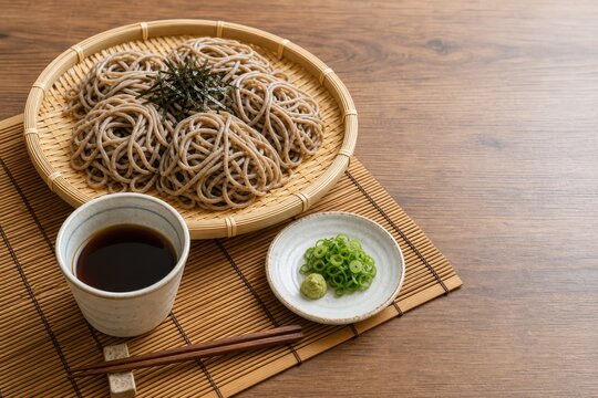 ざるそばと薬味で涼む夏の昼食