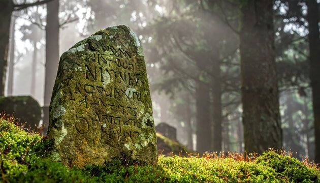 Weathered stone monument inscribed with ancient Celtic Ogham script in a misty forest setting