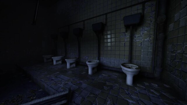 Dark abandoned restroom with row of toilets, cracked tiles, standing puddles and peeling grout, rusted cisterns and damp corners, urban explorer scene capturing