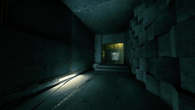 Narrow escape passage lit by floor lamps and textured blocks lowkey purple tones and guiding light create urgent evacuation ambience and cinematic tension