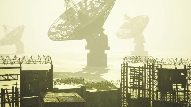 Closerange satellite array in mist with large parabolic dishes and scaffolding, grainy light and long shadows, sense of listening and continuous monitoring.