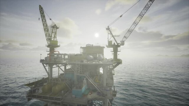 Offshore oil rig platform during operations, supply crane lifting cargo, stacked pipe bundles on deck, cloudfiltered sunlight and choppy sea, logistics