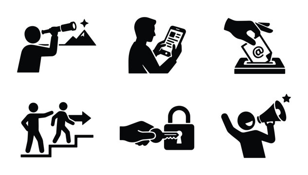 Business Icons Set: Vision, Mobile Use, Voting, Progress, Security, Promotion Vector Graphics