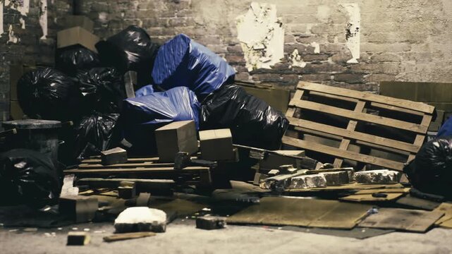 In a dimly lit warehouse corner, black trash bags and broken pallets create a chaotic scene. Discarded materials and scattered debris tell a story of neglect and abandonment.