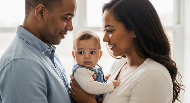 Interracial couple with baby shares tender moments, gazing at their infant with affection. Young interracial couple with baby finds joy in parenthood, showcasing family love.