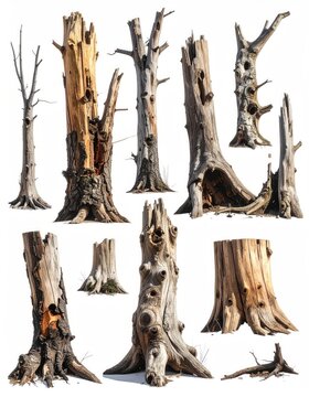 Collection of weathered, skeletal tree trunks and stumps, varied shapes