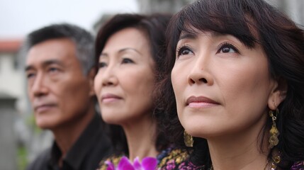 Fototapeta premium 葬儀に参列する日本人の男女。空を見上げる悲しみの表情。追悼の儀式