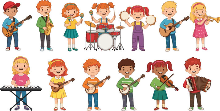 Happy children musicians vector illustration set playing guitar, drums, trumpet, keyboard, violin, banjo, and accordion