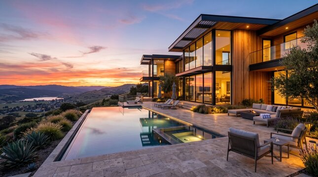 Modern luxury home with pool and patio overlooking sunset valley landscape