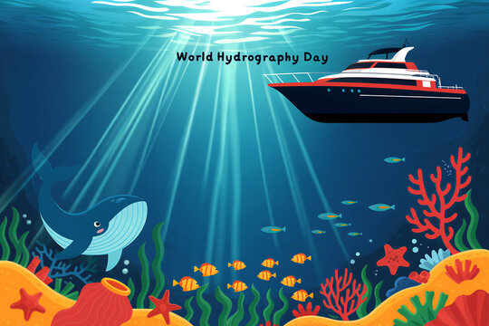 Colorful underwater scene with a whale fish and yacht celebrating world hydrography day illustration