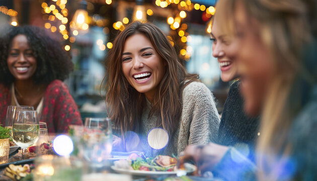 Dos mujeres sonrientes en una cena festiva al aire libre con fondo bokeh. Conexi&oacute;n espont&aacute;nea entre dos personas. Ideal para amistad, citas, redes sociales y publicidad de estilo de vida.