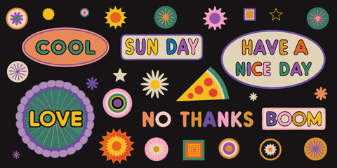 retro sticker collection with suns text and geometric shapes © SreeDulal