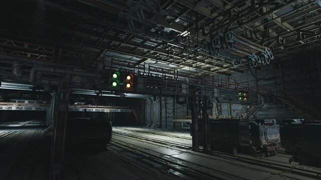 Empty subterranean storage bay with dim aisles, stacked crates and pallets, hanging conduits, structural beams, damp floor and quiet industrial mood