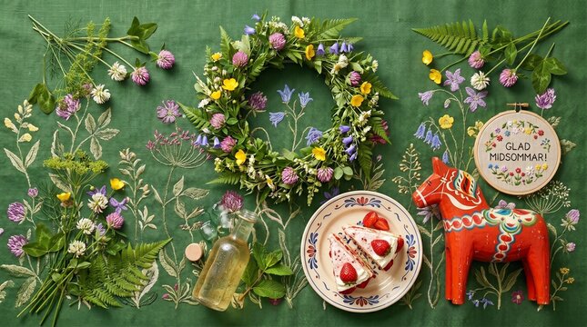 Swedish Midsummer Celebration Scene With Flower Crown, Dala Horse, Cake and Wildflowers