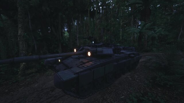 Tank positioned for night ambush, low profile under trees, barrel aligned with concealed route, warm marker lights glowing, tense silent mood