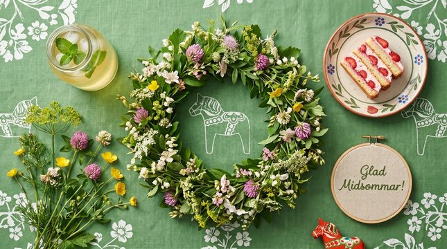 Swedish Midsummer Celebration Scene With Flower Crown, Dala Horse, Cake and Wildflowers